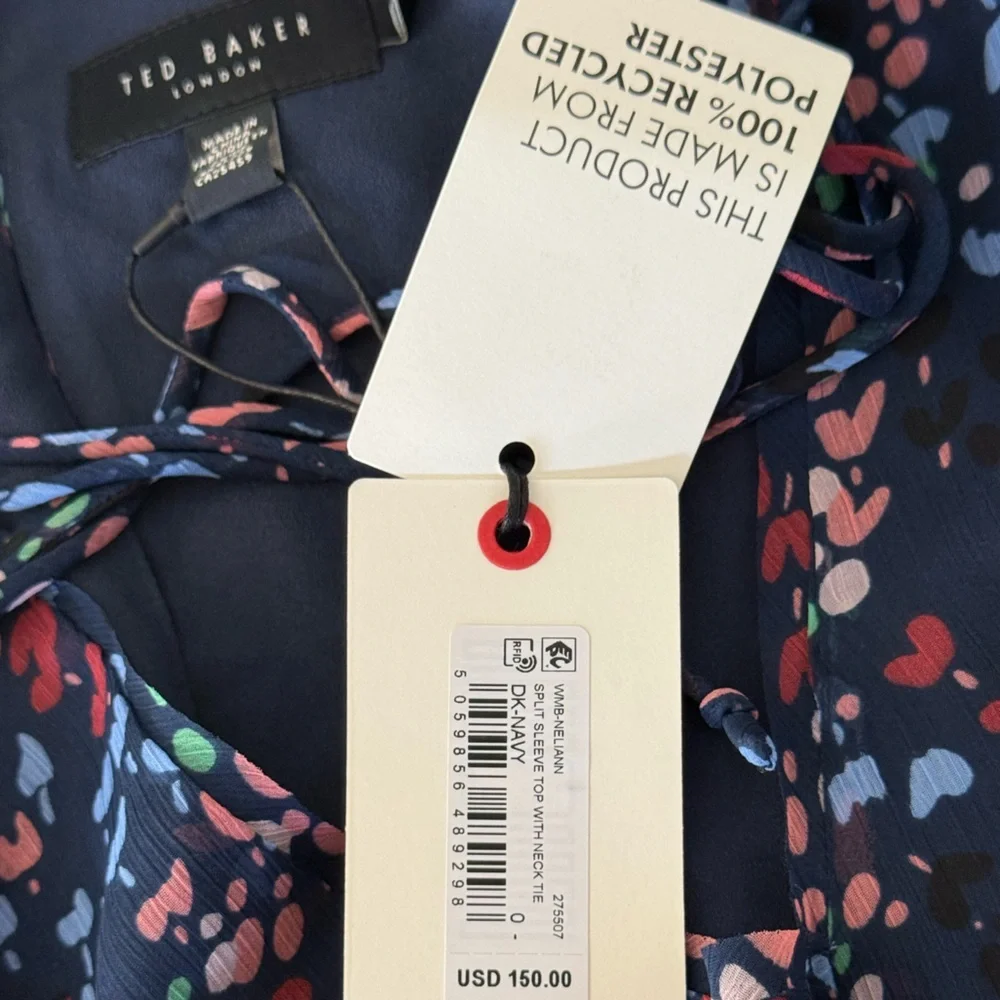 Ted Baker Navy Floral Dot Tie-Neck Blouse Size O NWT